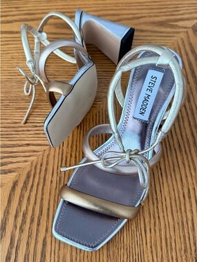 Steve Madden Punctual Leather Ankle Wrap Sandals - Metallic Silver Gold Bronze